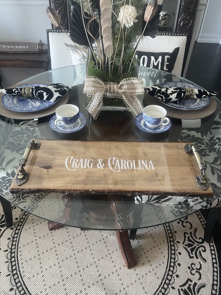 Personalized Live Edge Board Rectangle 22" with Resin and Custom Handles